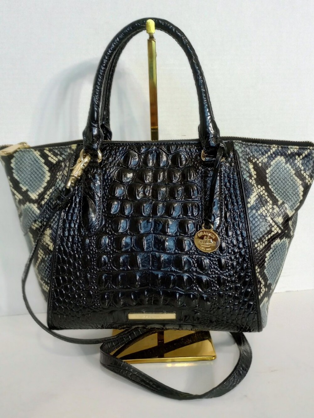 Brahmin Camila Black Tybalt Croc & Snakeskin Embossed Leather Crossbody Satchel